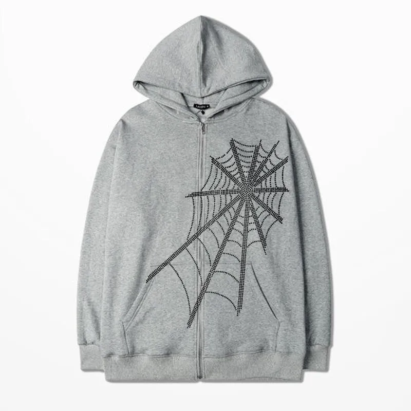 Spider web pierced hot retro casual long-sleeved zipper hoodie