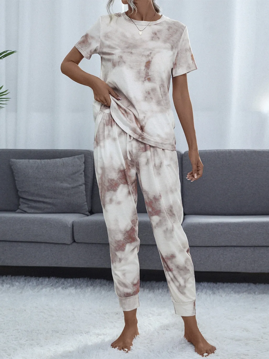 Tie-Dye Round Neck Short Sleeve Top and Pants Lounge Set