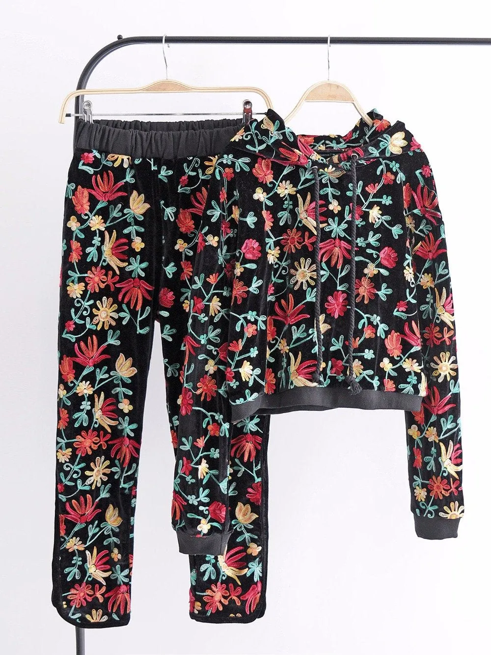 Two Piece Set Women Floral Velvet Hoodied Sweatshirt