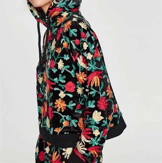 Two Piece Set Women Floral Velvet Hoodied Sweatshirt