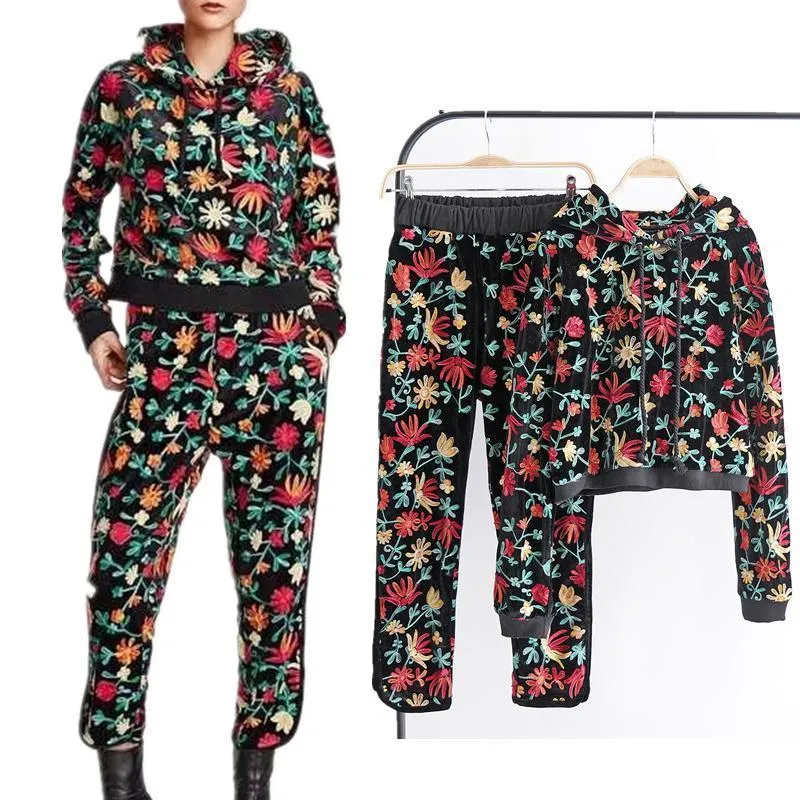 Two Piece Set Women Floral Velvet Hoodied Sweatshirt