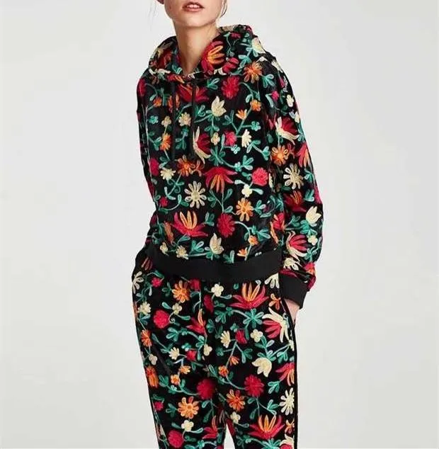 Two Piece Set Women Floral Velvet Hoodied Sweatshirt