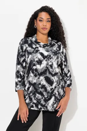 Ulla Popken Cowl Neck Top in Black Pixel Print