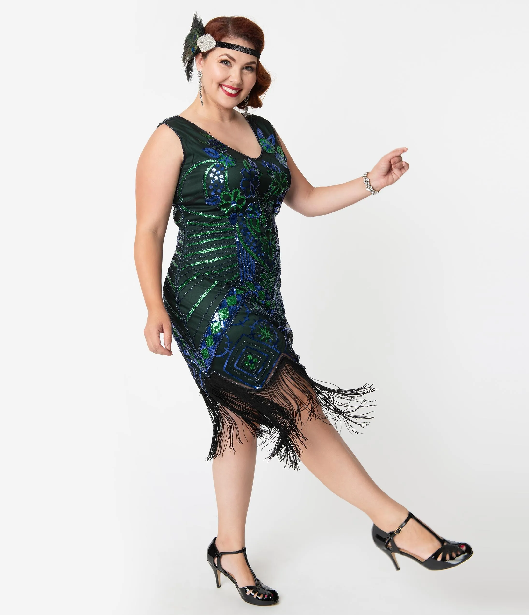 Unique Vintage Plus Size 1920s Emerald & Royal Blue Beaded Fringe Charvelle Flapper Dress