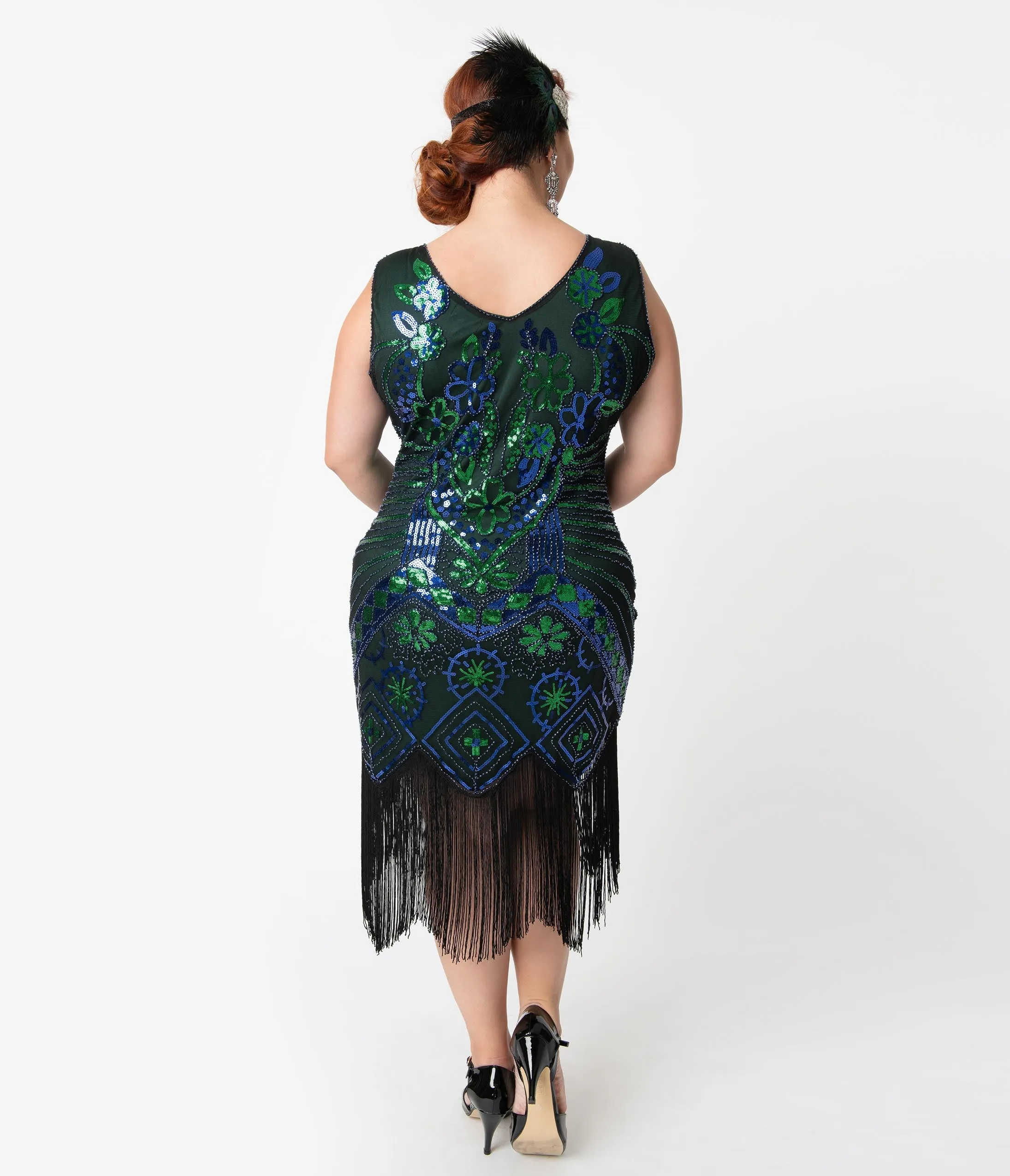 Unique Vintage Plus Size 1920s Emerald & Royal Blue Beaded Fringe Charvelle Flapper Dress