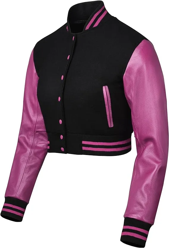 Warrior Gears Cropped Varsity Jacket Women - Premium Quality Leather and Wool Baseball Letterman Jacket for Women's, Long Sleeve - Black Wool Body and Purple Leather Sleeves