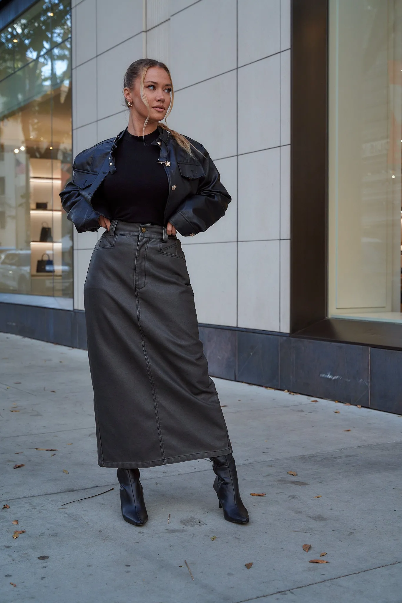 Washed Gray Leather Skirt