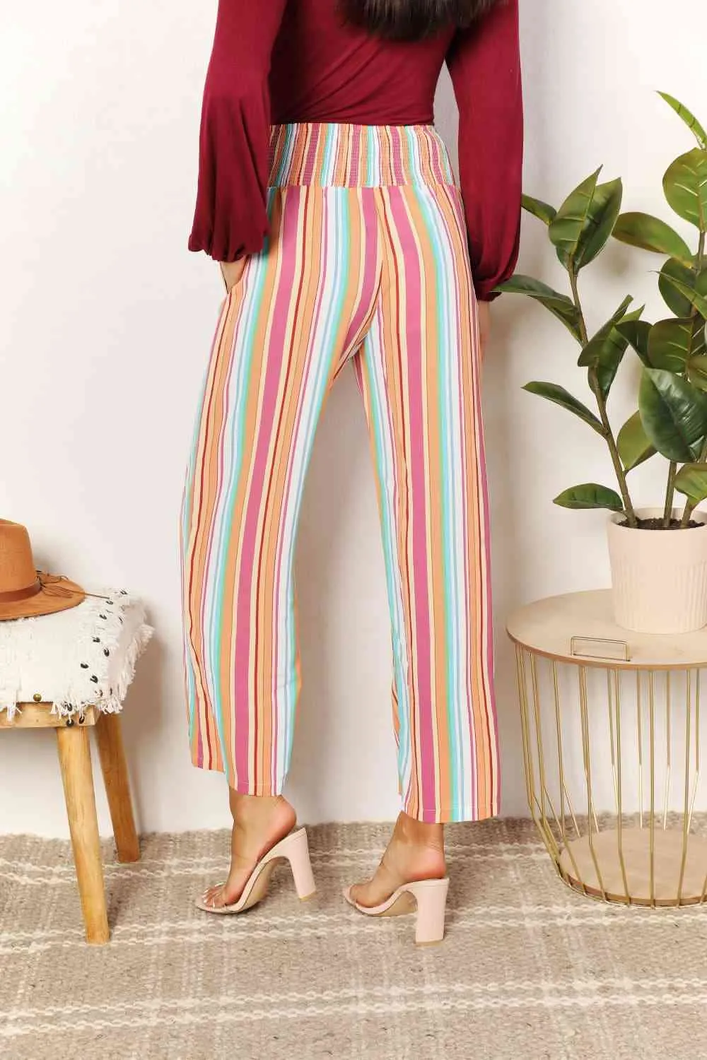 Women's Double Take Striped Smocked Waist Pants with Pockets