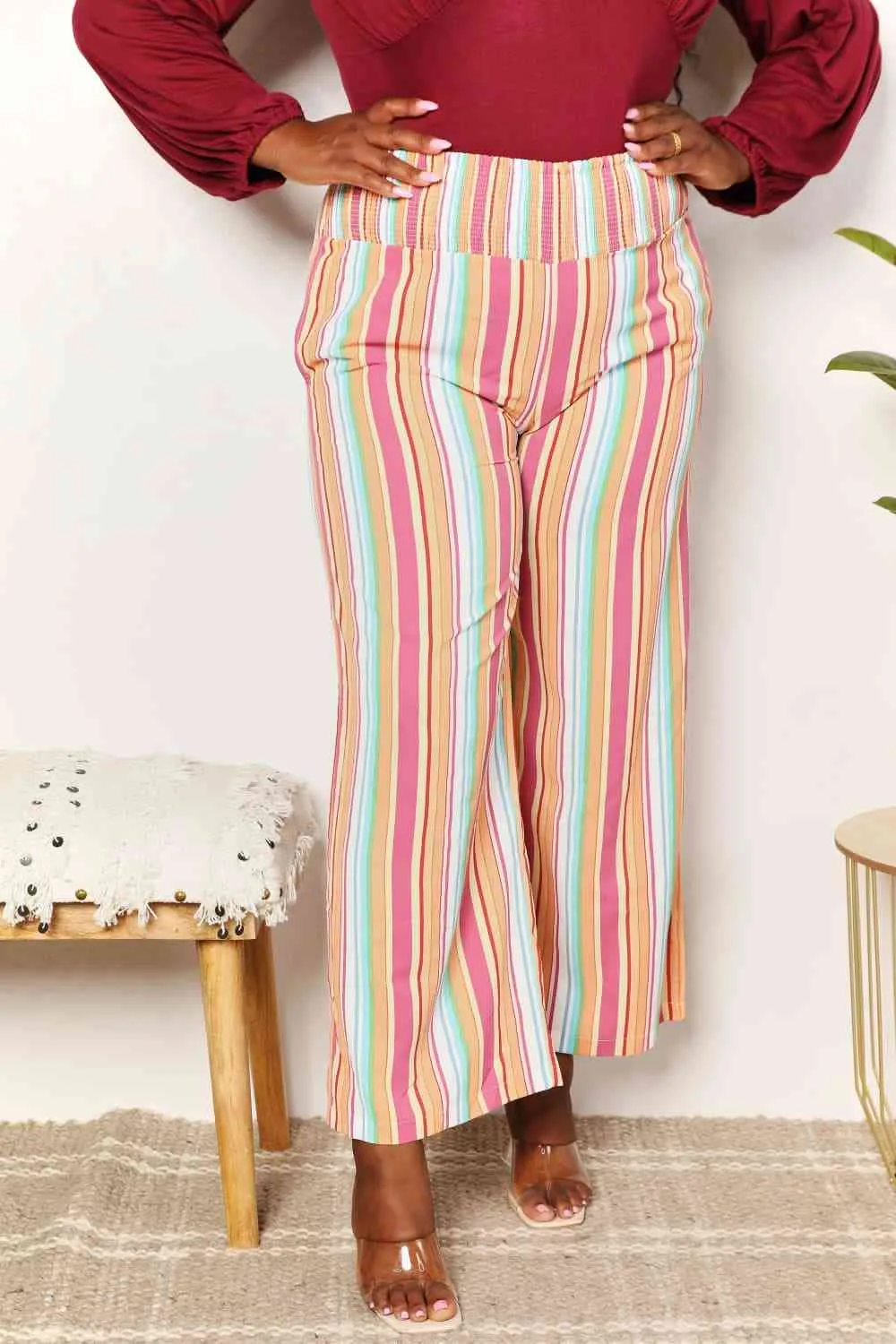 Women's Double Take Striped Smocked Waist Pants with Pockets