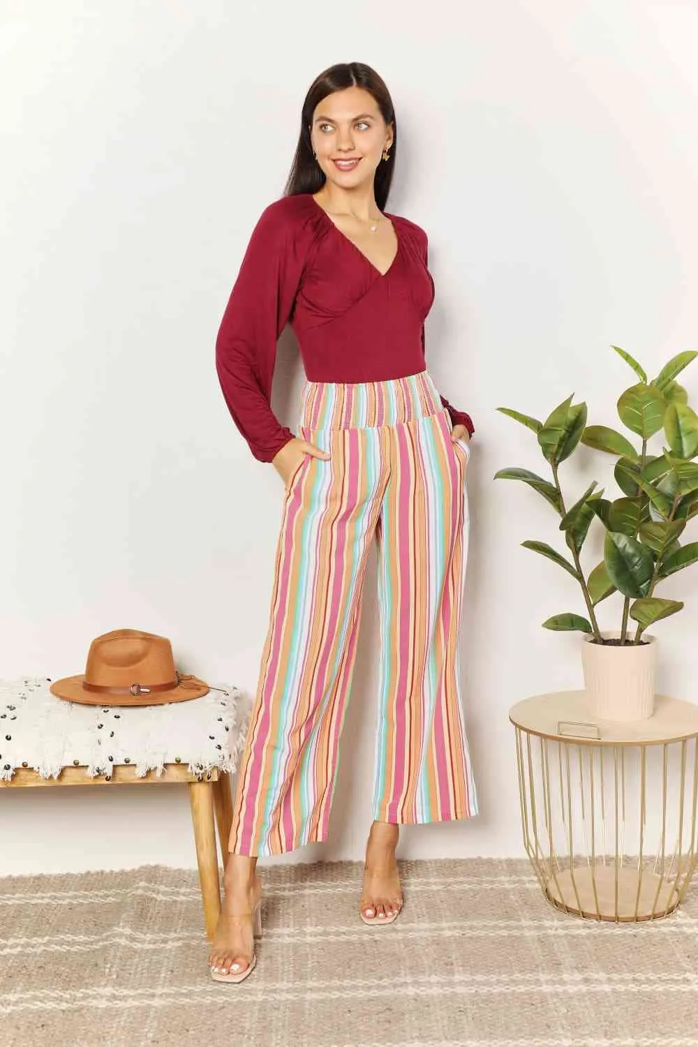 Women's Double Take Striped Smocked Waist Pants with Pockets