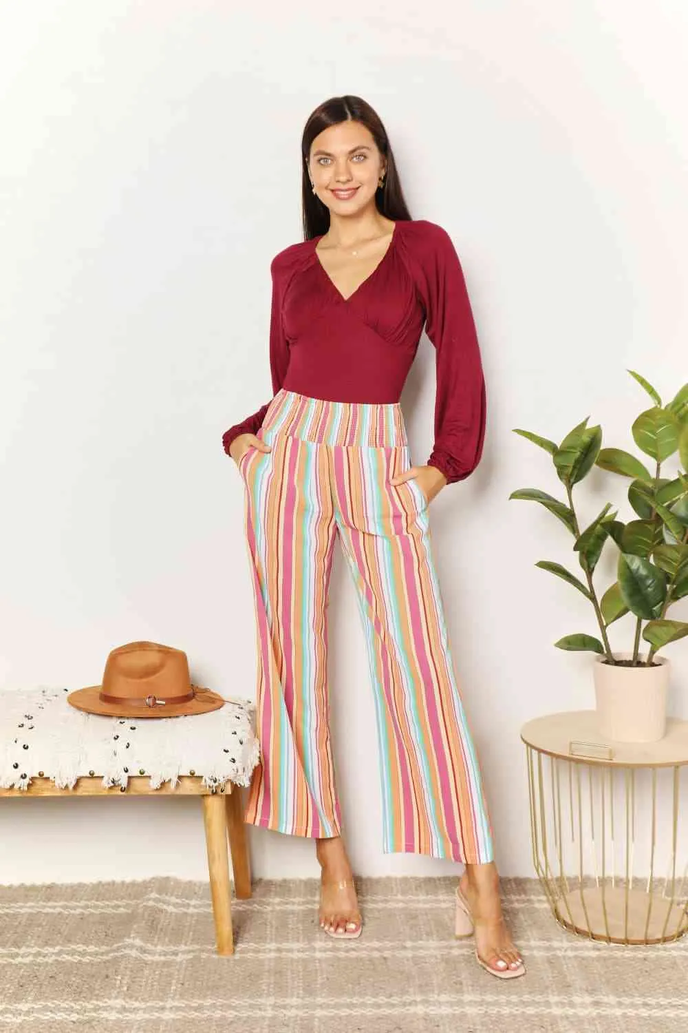 Women's Double Take Striped Smocked Waist Pants with Pockets