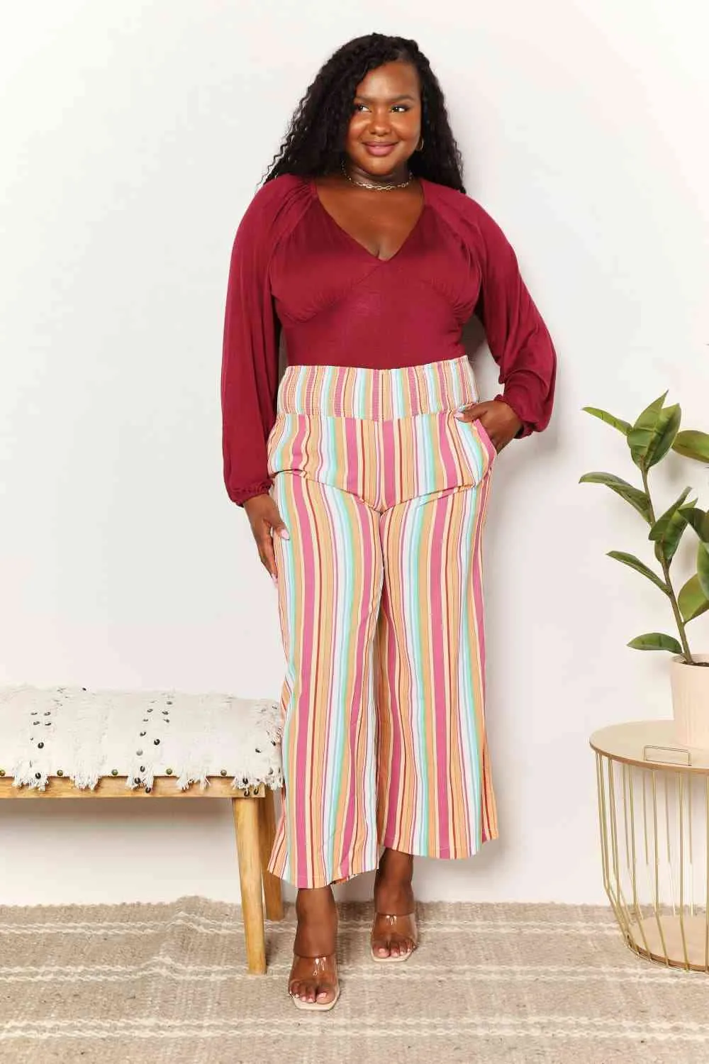 Women's Double Take Striped Smocked Waist Pants with Pockets