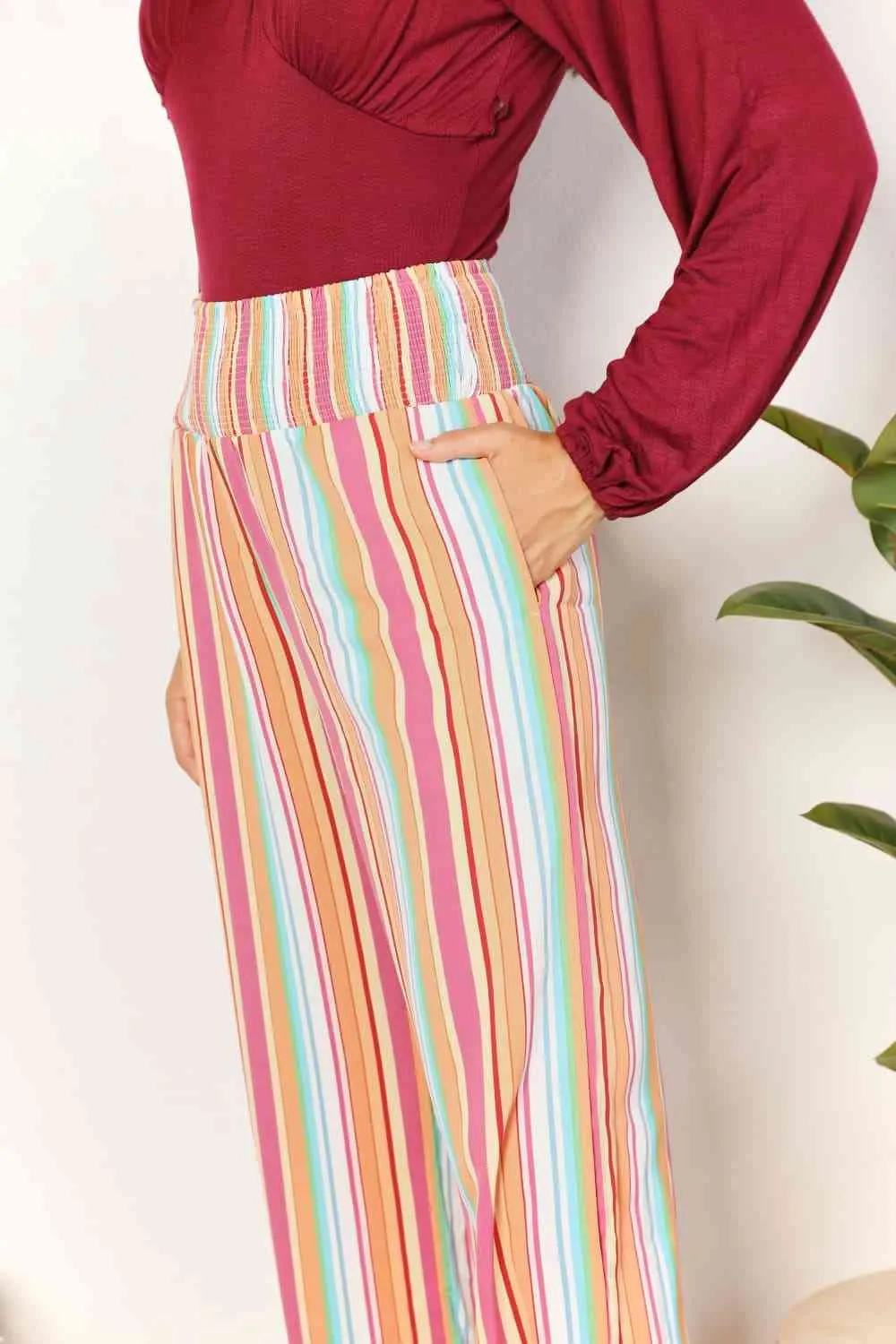 Women's Double Take Striped Smocked Waist Pants with Pockets