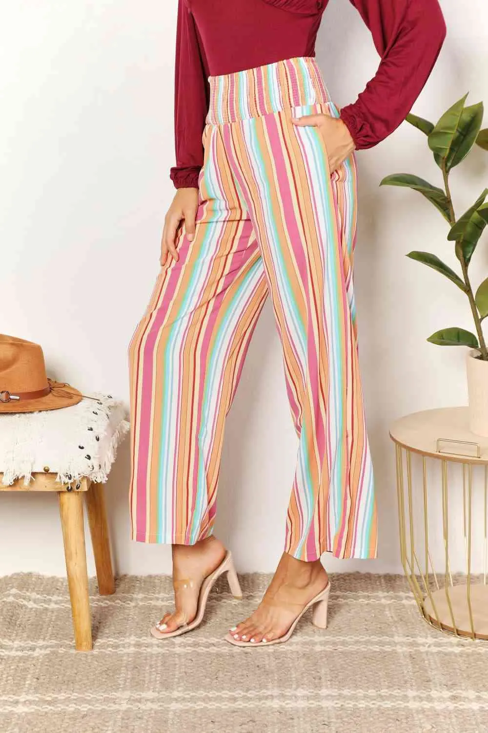 Women's Double Take Striped Smocked Waist Pants with Pockets