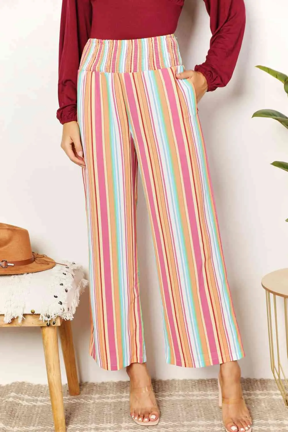 Women's Double Take Striped Smocked Waist Pants with Pockets