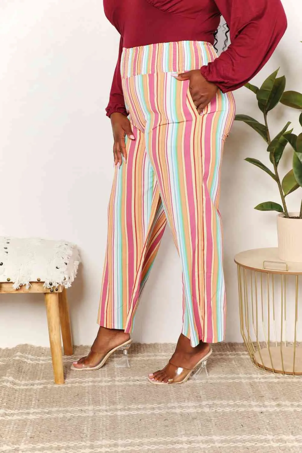 Women's Double Take Striped Smocked Waist Pants with Pockets