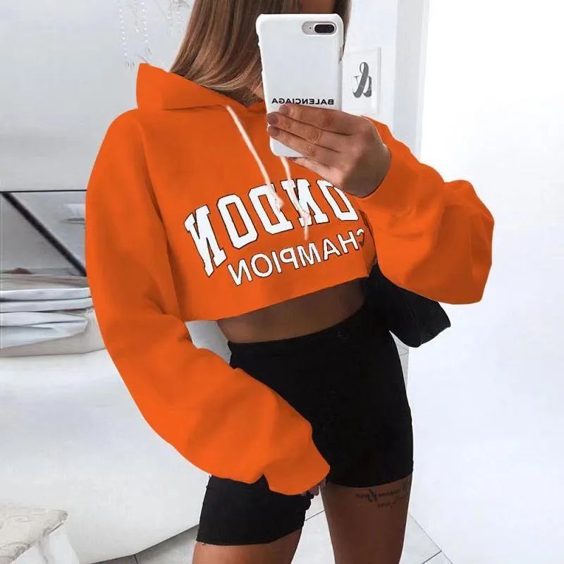 Women's Letter Print Long Sleeve Hooded Slim Short Navel Sweatshirt